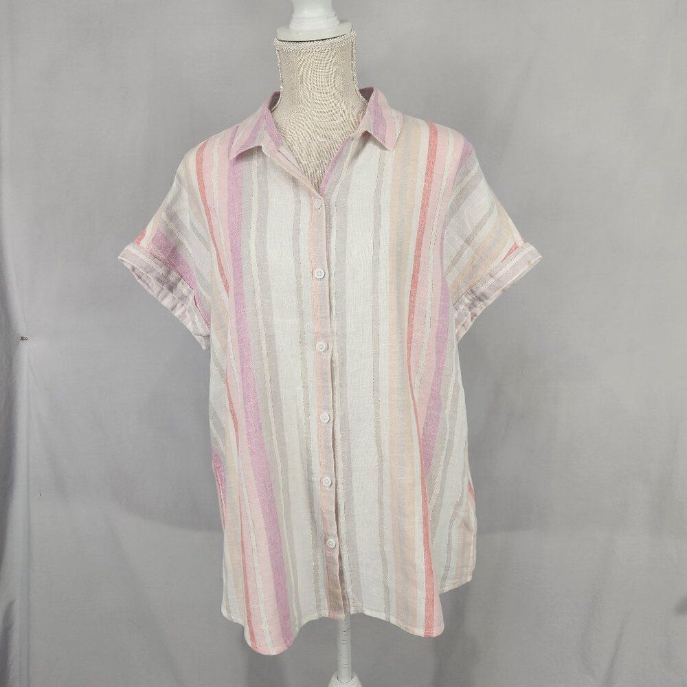 Beach Lunch Lounge Linen Striped Short Sleeve Shirt Women's L Button Up Top Pink
